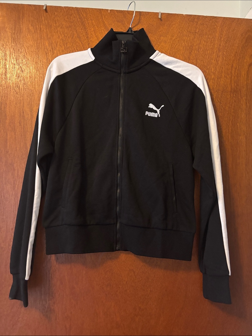 Puma Black Junior Small Jacket with White Shoulder & Sleeve Stripes